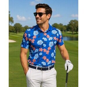 Bonobos Golf NWT Tour Polo‎ Shirt Blue Floral UPF Moisture Wicking Slim Fit 2XL